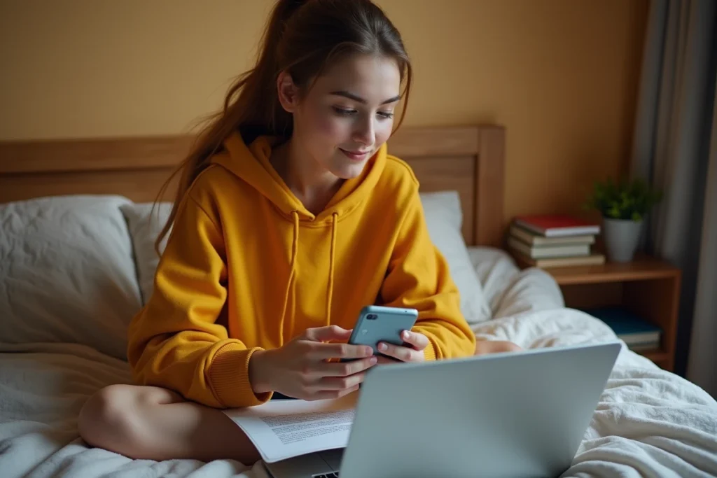 Étudiante utilisant son smartphone comme scanner de document avec une application gratuite sur son ordinateur portable dans sa chambre