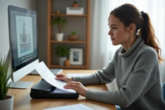 Femme scannant un document papier avec un scanner à plat connecté à un ordinateur de bureau dans un bureau à domicile