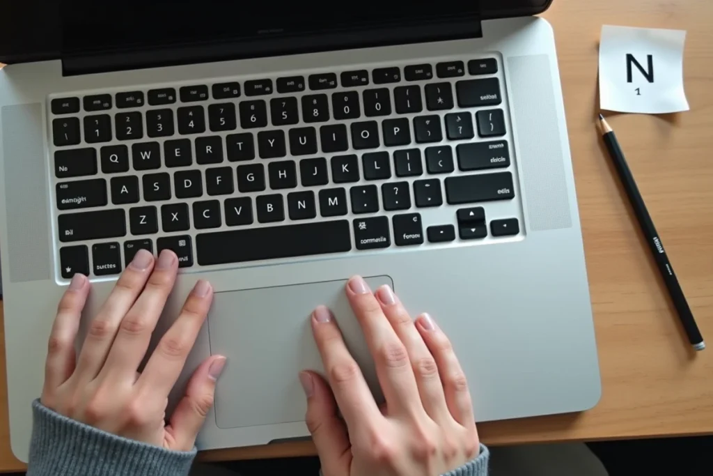 Gros plan sur le clavier AZERTY d'un MacBook montrant la combinaison de touches pour saisir le tilde
