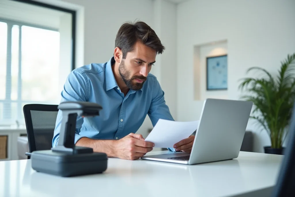 Homme utilisant un scanner portable relié à un ordinateur portable pour numériser un document dans un bureau moderne