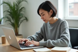 Femme utilisant un MacBook Pro et cherchant le raccourci clavier pour le tilde sur macOS