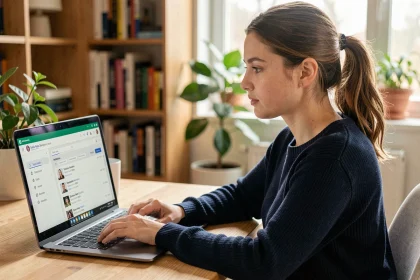 Jeune femme accédant à sa messagerie universitaire Mel Rennes sur son ordinateur portable depuis son bureau à domicile