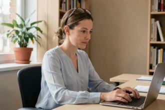 Une professionnelle académique accédant à son webmail sur un ordinateur portable dans un bureau universitaire moderne