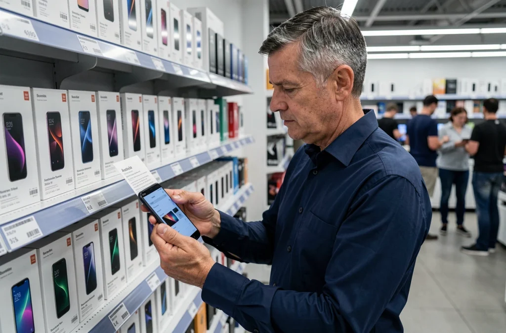Homme lisant les caractéristiques d'un smartphone économique dans un magasin d'électronique