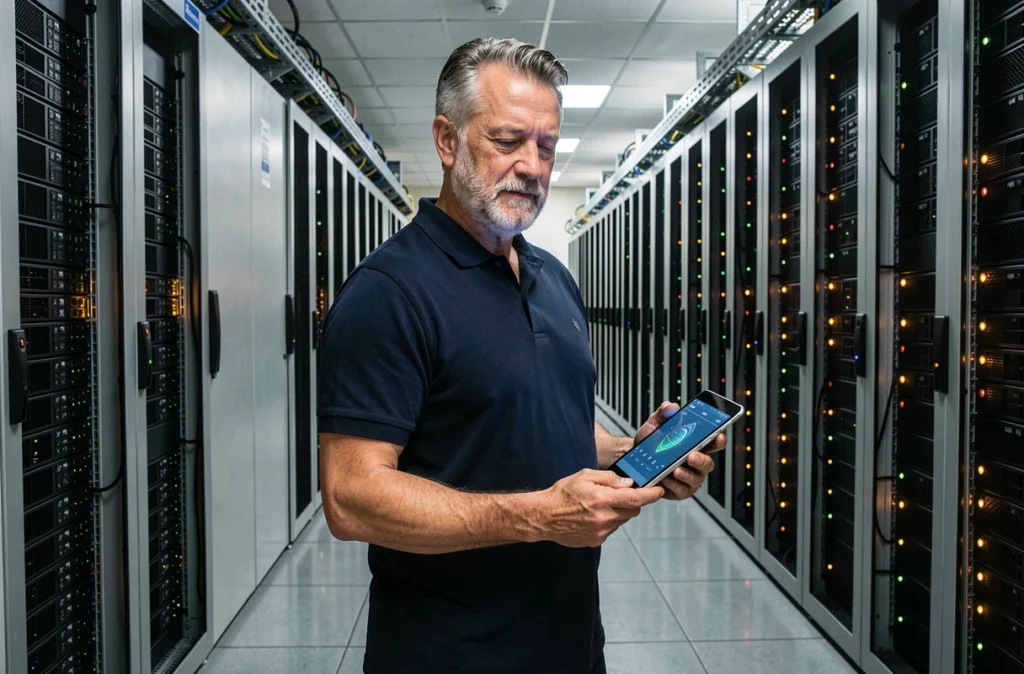 Administrateur système masculin supervisant une infrastructure de serveurs en data center avec un outil de gestion basé sur l'IA