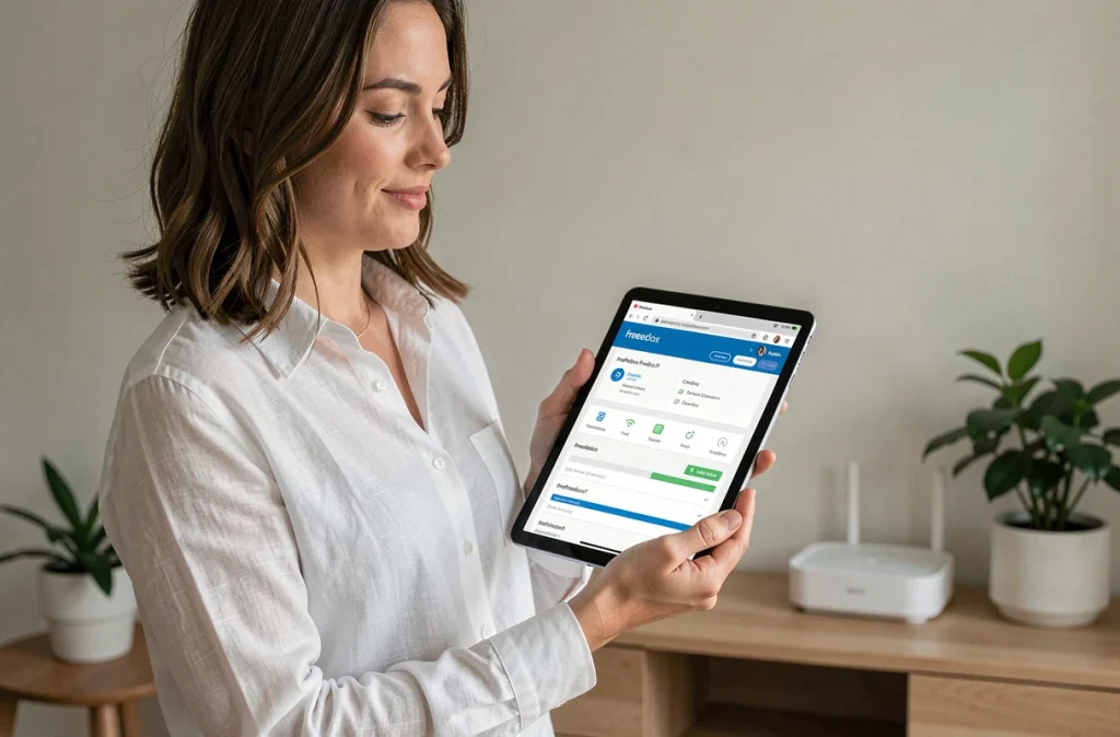Femme consultant l'interface d'administration mafreebox.freebox.fr sur une tablette dans un salon moderne avec une Freebox visible en arrière-plan
