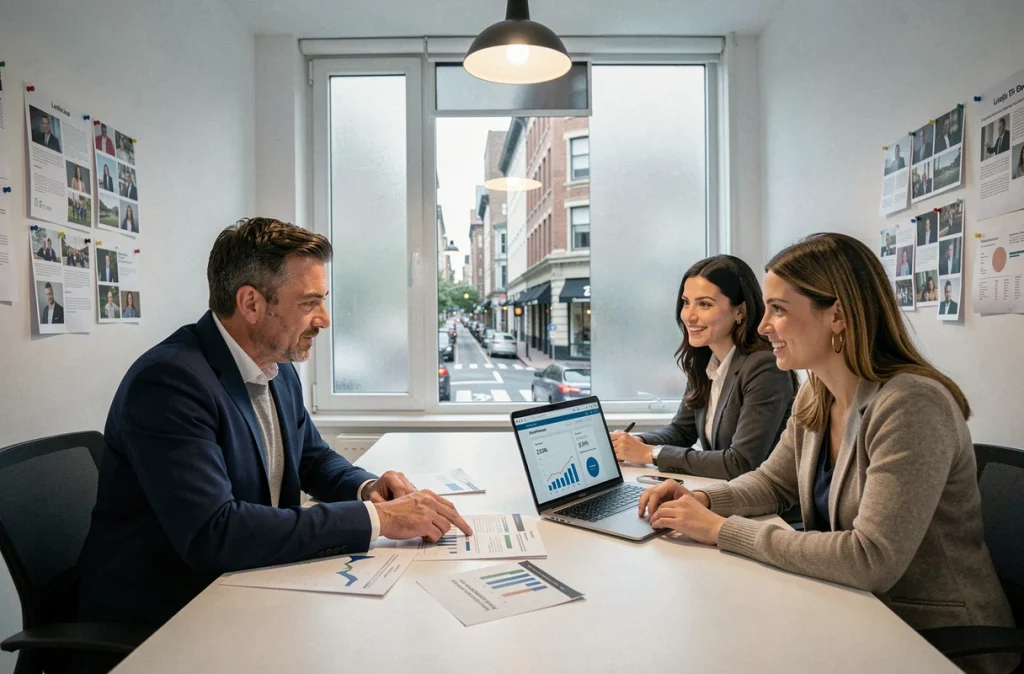 Consultant marketing présentant des statistiques de génération de leads pour un site internet d'agence lors d'une réunion client