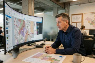 Agent territorial analysant un système d'information géographique SIG sur écran dans un bureau municipal moderne
