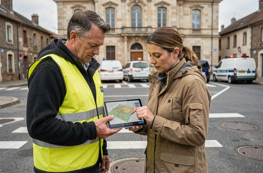 Agents municipaux effectuant un relevé de terrain avec une application SIG sur tablette dans une commune française