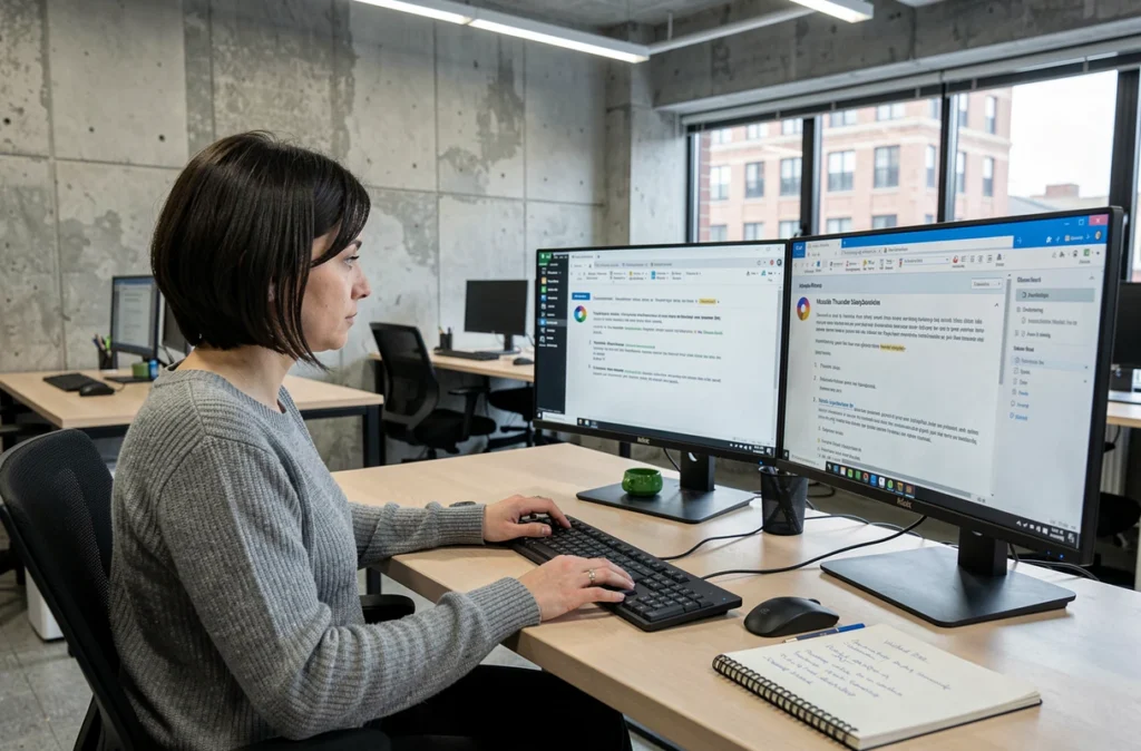 Femme ajoutant Webmel Créteil sur Thunderbird dans un espace de co-working moderne