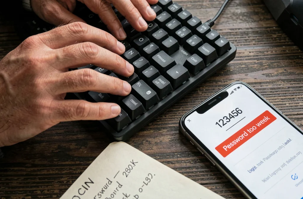 Gros plan sur des mains tapant sur un clavier avec un smartphone affichant une alerte de mot de passe trop faible et un carnet de notes avec des identifiants écrits