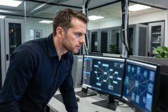 Analyste en cybersécurité surveillant des tableaux de bord d'objets connectés sur plusieurs écrans dans un centre opérationnel de sécurité moderne