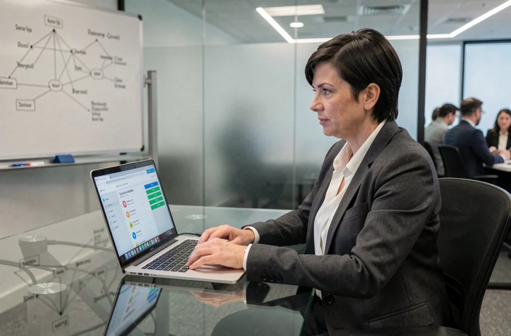 Analyste en cybersécurité examinant un tableau de bord de vulnérabilités zero day lors d'une réunion d'urgence en entreprise