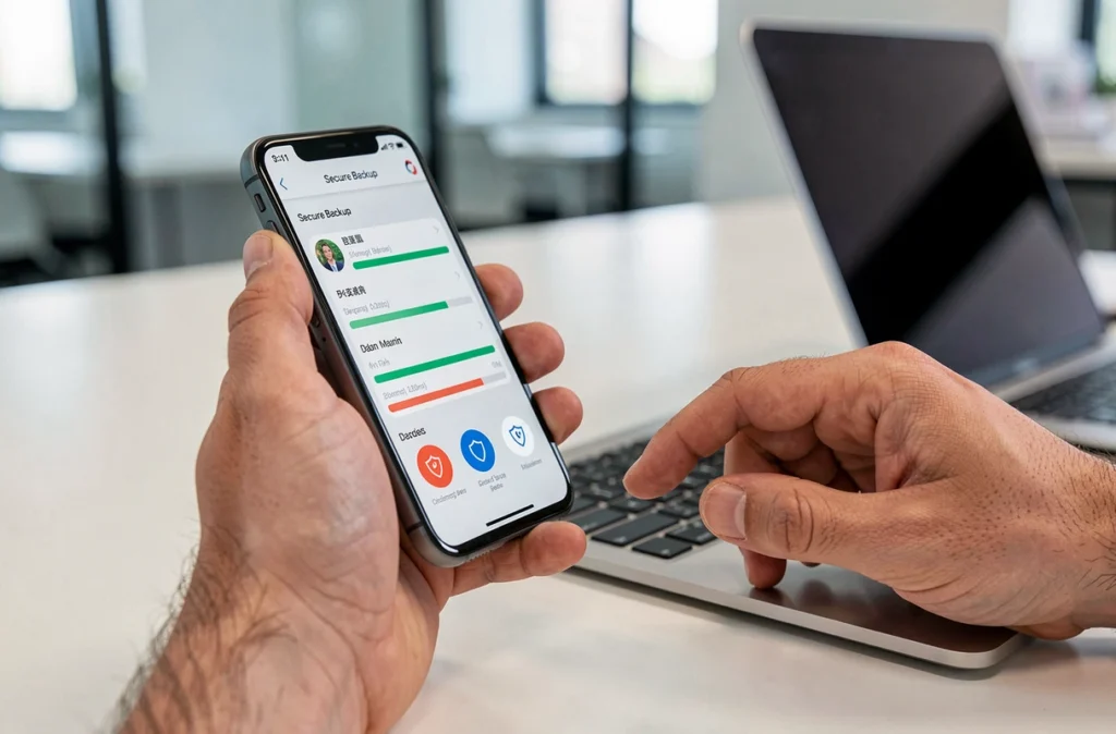 Gros plan de mains tenant un smartphone avec une application de sauvegarde sécurisée des données affichant une interface de protection
