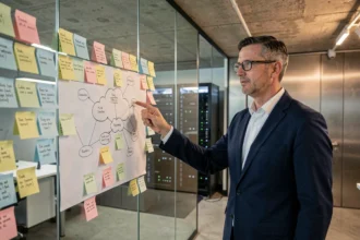 Architecte informatique présentant un schéma d'architecture cloud hybride dans un bureau technologique moderne