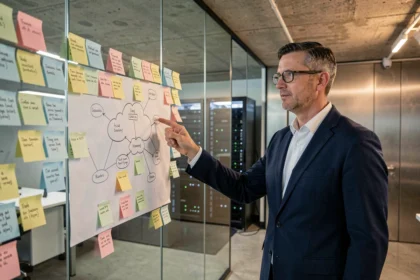 Architecte informatique présentant un schéma d'architecture cloud hybride dans un bureau technologique moderne