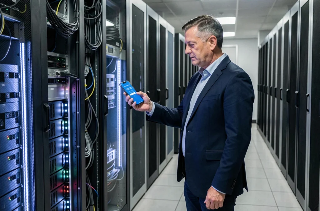 Un responsable informatique vérifiant une authentification à deux facteurs sur smartphone dans une salle de serveurs sécurisée