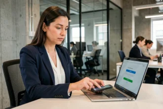 Femme professionnelle activant l'authentification forte à deux facteurs sur smartphone dans un bureau moderne