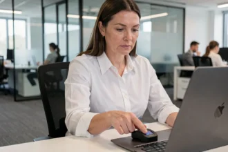 Une femme cadre utilisant un lecteur d'empreinte digitale pour l'authentification multifactorielle dans un bureau moderne