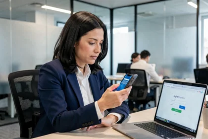 Femme professionnelle utilisant l'authentification multifactorielle sur smartphone en entreprise