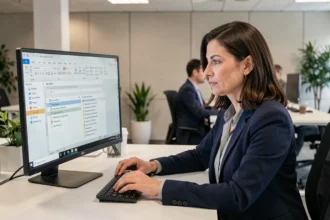 Femme professionnelle configurant des règles d'automatisation d'envoi de courriels dans Microsoft Outlook sur un grand écran de bureau