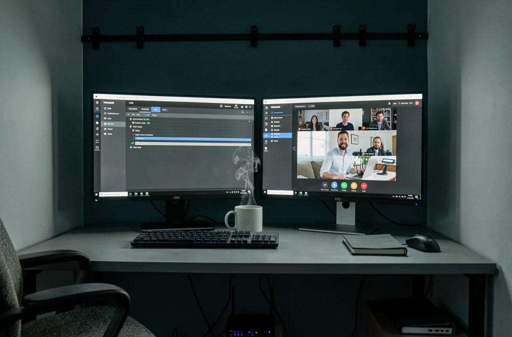 Bureau de télétravail avec double écran affichant une interface VPN et une réunion vidéo, sans personne