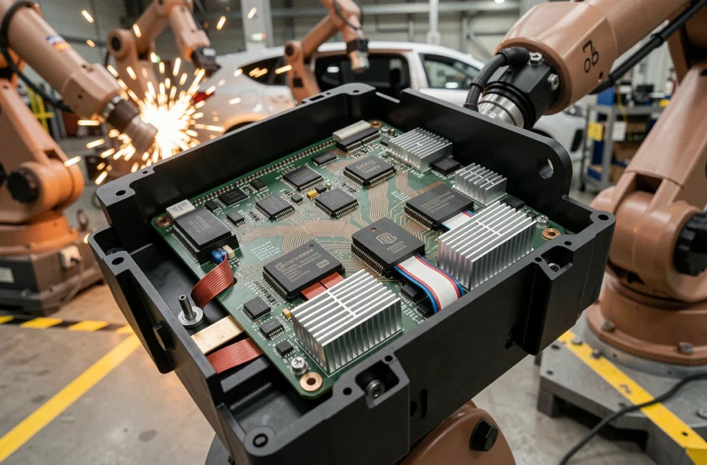 Carte électronique embarquée haute densité installée dans un robot d'assemblage automobile industriel