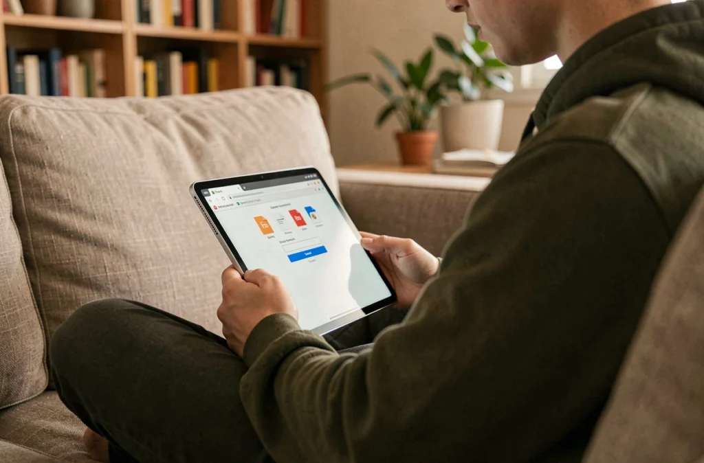 Jeune personne sécurisant un PDF sans logiciel externe depuis une tablette dans un salon
