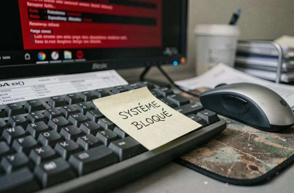 Clavier d'ordinateur bloqué par un ransomware dans le bureau d'une petite entreprise française