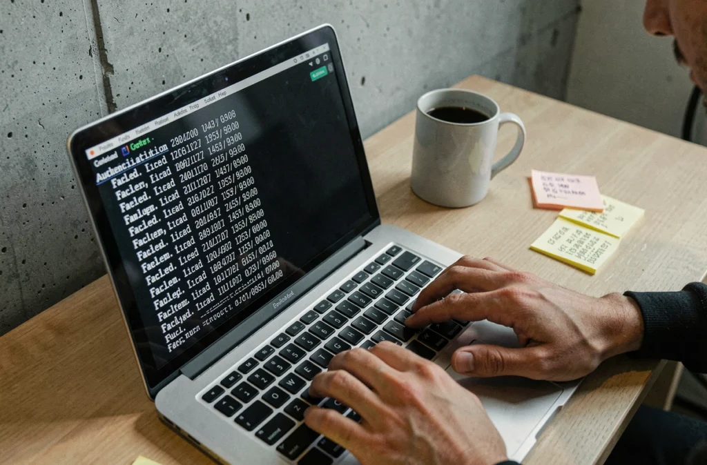Mains tapant rapidement sur un clavier mécanique lors d'une simulation d'attaque par force brute sur un terminal
