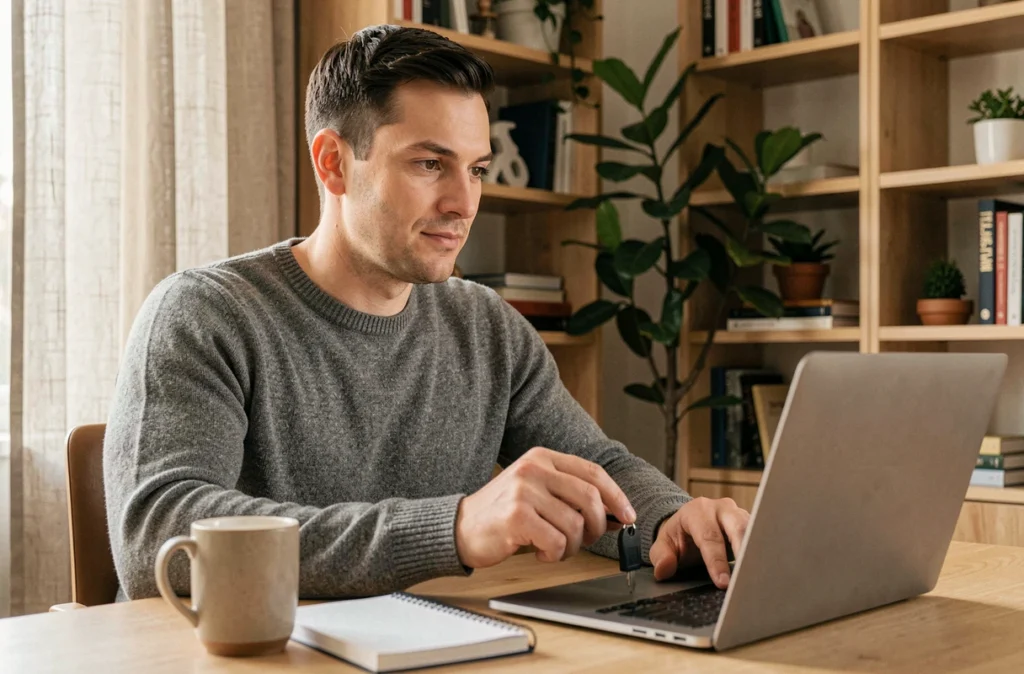 Un professionnel utilisant une clé de sécurité physique pour l'authentification multifactorielle depuis son bureau à domicile