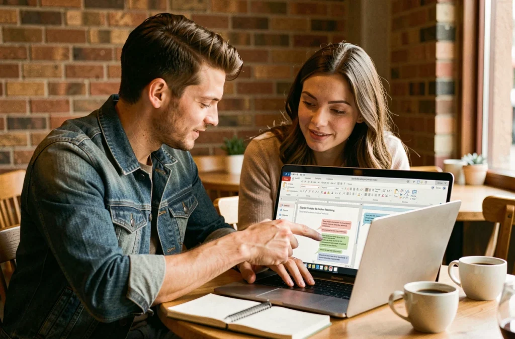 Deux collègues collaborant sur un document Word avec commentaires et modifications suivies dans un café