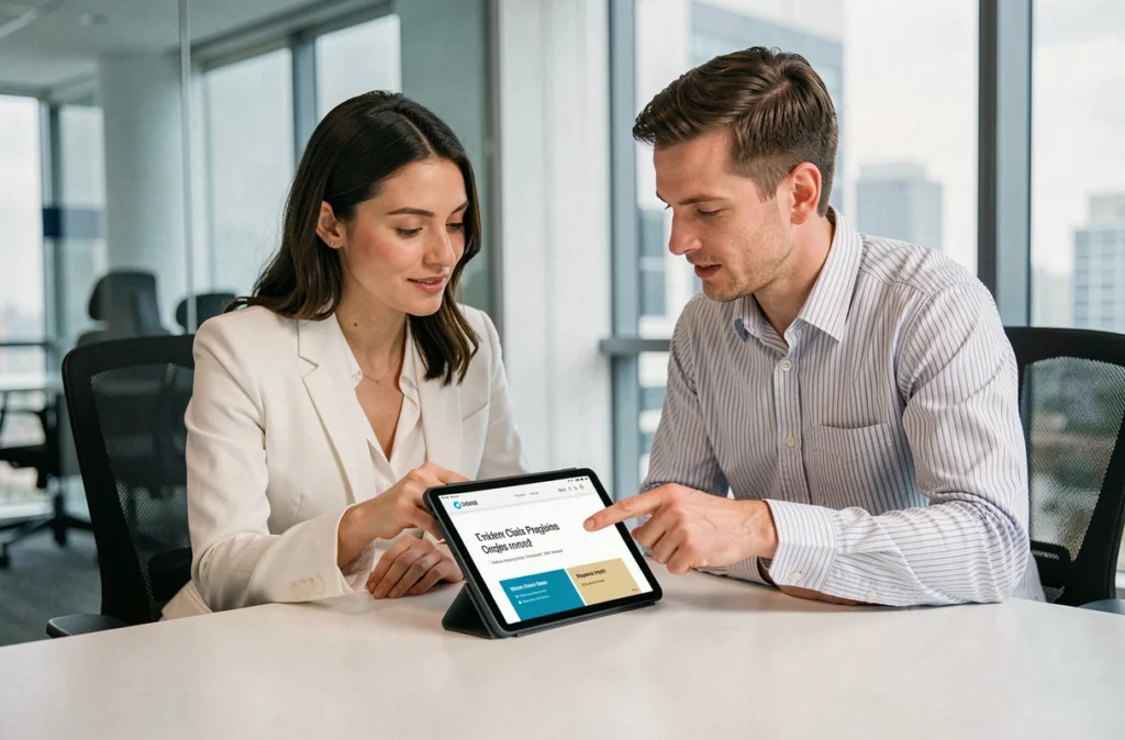 Deux collègues collaborant sur un modèle PowerPoint personnalisé avec tablette dans une salle de réunion moderne
