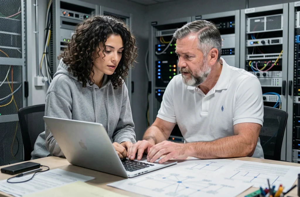 Deux professionnels IT collaborant sur la sécurisation des données cloud dans une salle des serveurs
