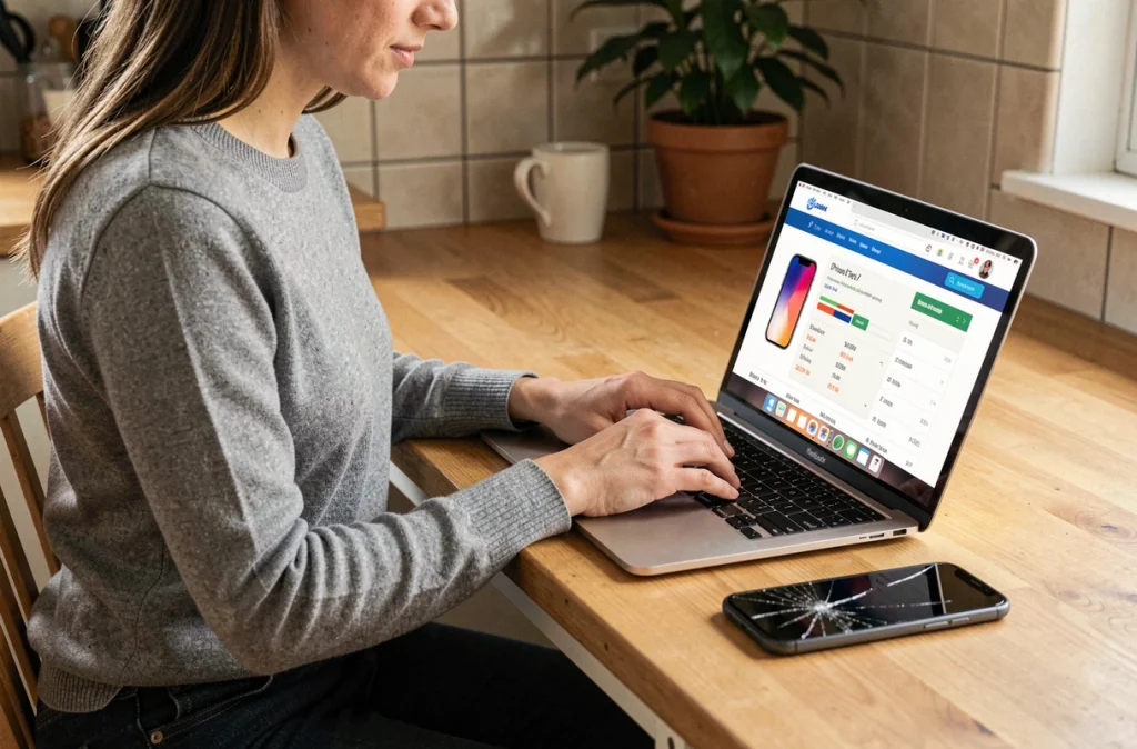 Femme comparant les prix des écrans iPhone 11 sur ordinateur avec un téléphone fissuré posé sur la table