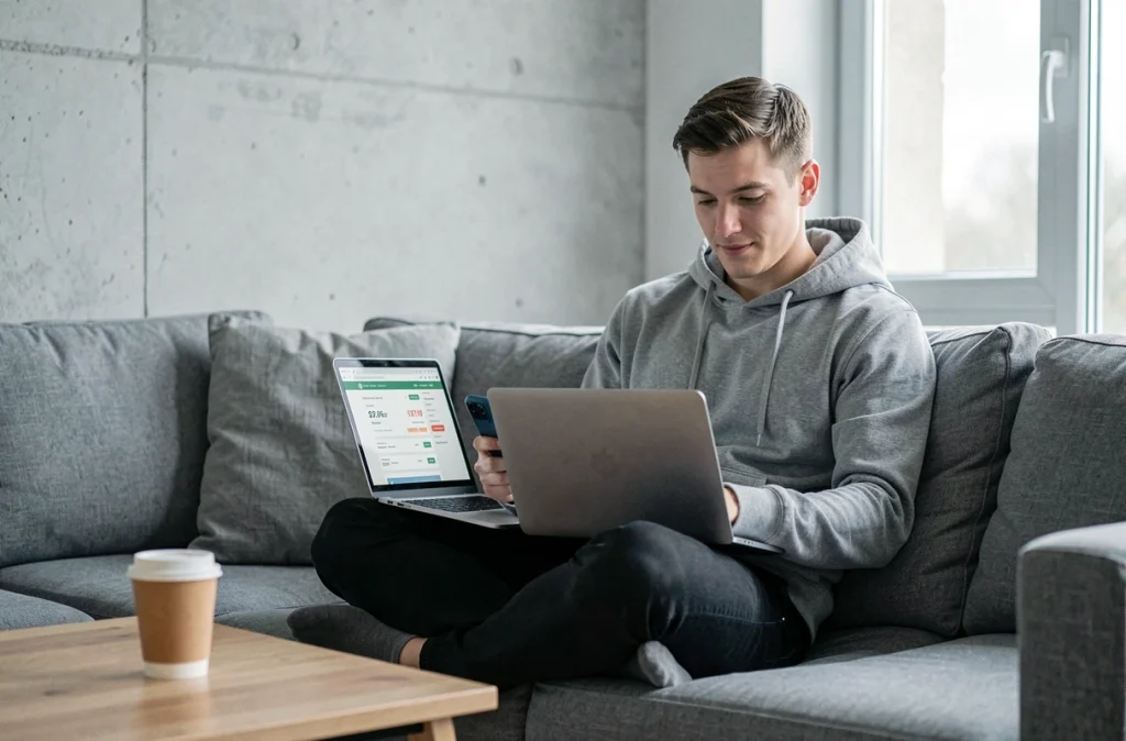Jeune homme comparant les prix de téléphones sur internet depuis son salon pour faire des économies