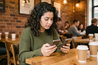 Femme comparant deux smartphones milieu de gamme dans un café pour trouver le meilleur rapport qualité prix