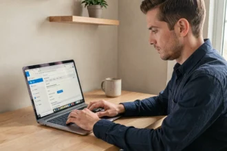 Homme configurant un compte email Webmel Créteil sur Outlook depuis un bureau à domicile