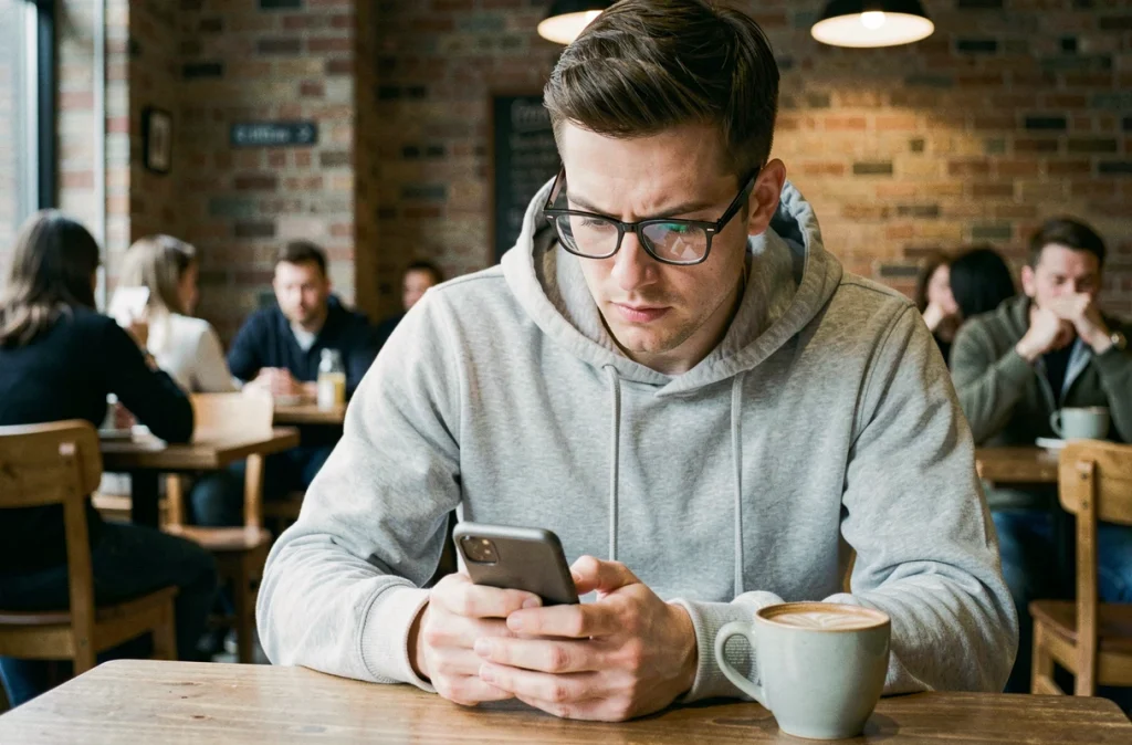Homme consultant sa messagerie Mel de l'université de Rennes sur smartphone dans un café en ville