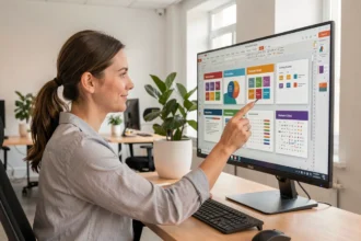 Femme créant un modèle de présentation PowerPoint personnalisé sur un grand écran dans un bureau moderne