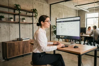 Designer web professionnelle analysant l'interface d'un site internet d'agence digitale sur grand écran dans un bureau moderne