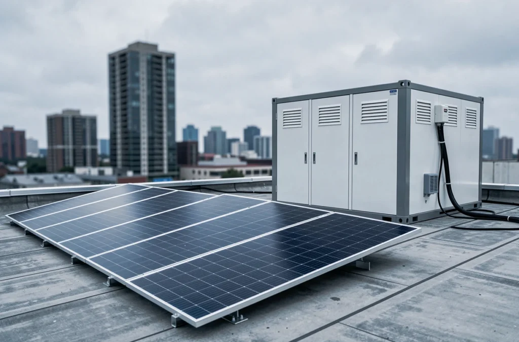 Panneaux solaires alimentant un datacenter modulaire sur un toit en milieu urbain pour réduire l'empreinte carbone informatique