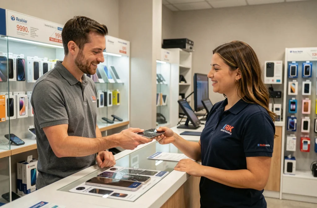 Client déposant son iPhone 11 à l'écran cassé dans une boutique de réparation smartphone pour profiter d'un tarif réduit