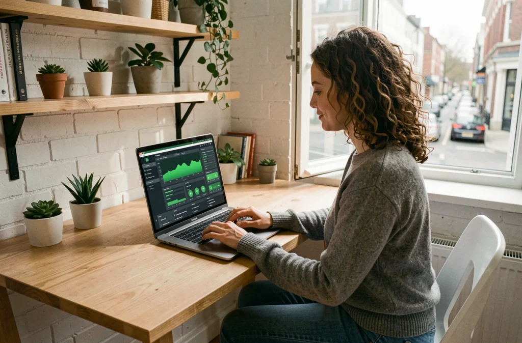 Femme développeuse optimisant l'empreinte énergétique de serveurs depuis un bureau éco-responsable à domicile