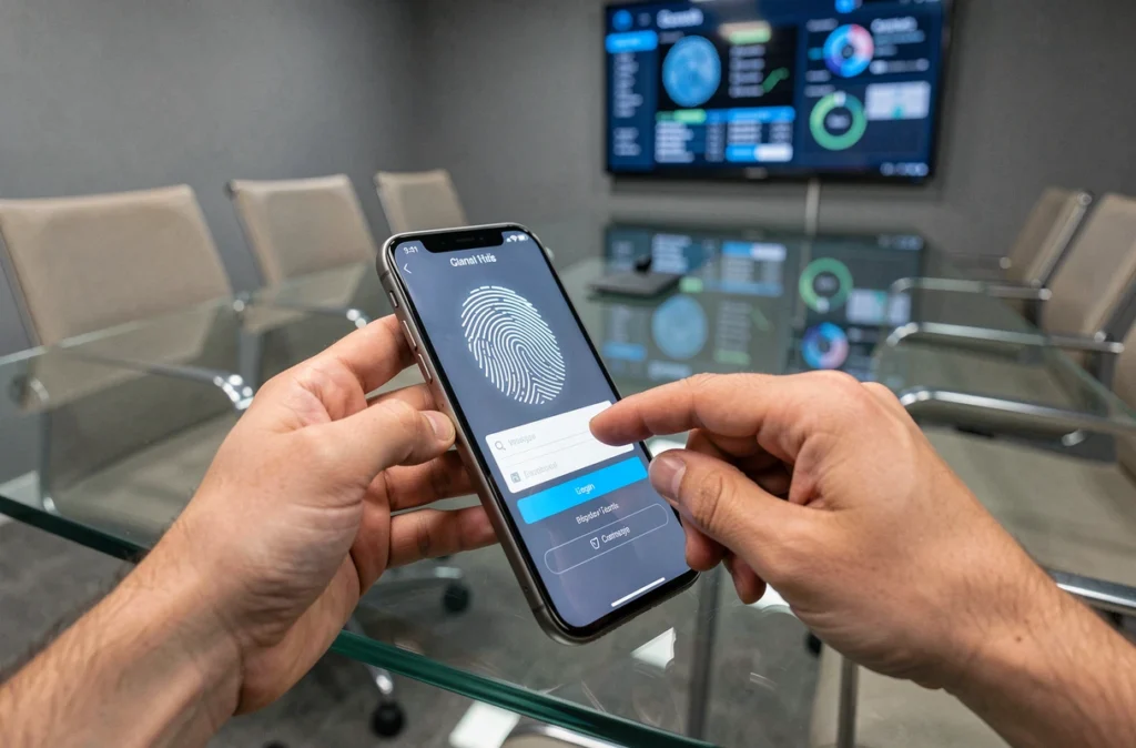 Mains utilisant la reconnaissance d'empreinte digitale pour une authentification multifactorielle sur smartphone en salle de réunion