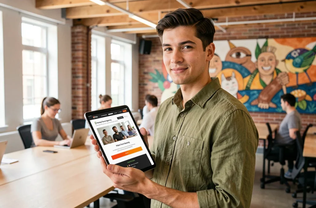 Jeune entrepreneur consultant un site internet d'agence digitale sur tablette dans un espace de coworking moderne
