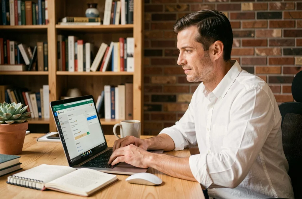 Homme en télétravail programmant l'envoi automatique de courriels dans Outlook sur un bureau à domicile
