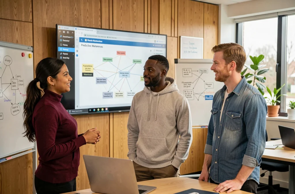Équipe informatique multiculturelle collaborant autour d'un système d'intelligence artificielle pour la gestion et la supervision du réseau d'entreprise