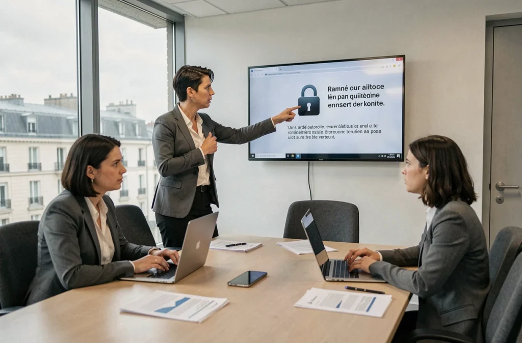 Équipe de PME française en réunion d'urgence face à une cyberattaque par ransomware