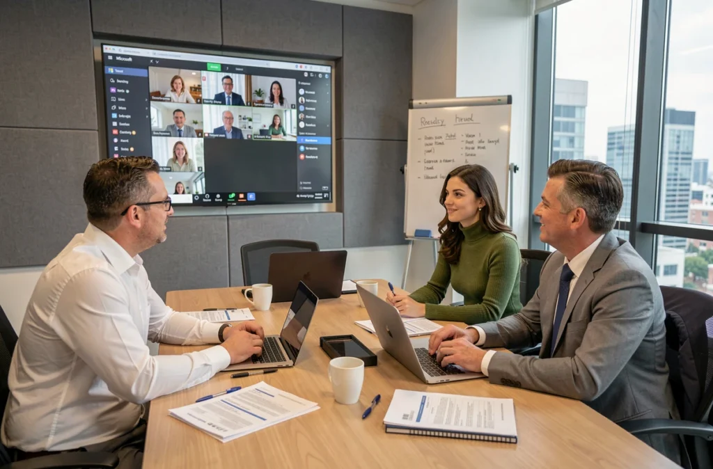 Équipe de professionnels en salle de réunion d'entreprise participant à une réunion hybride sur Microsoft Teams avec écran de visioconférence